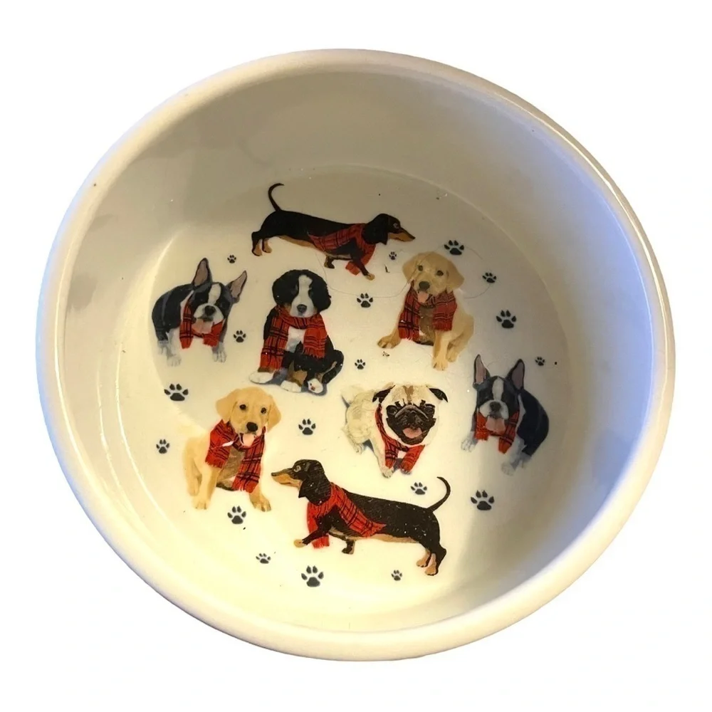 DESIGNER Christmas porcelain dog bowl plaid outside, dogs in scarves inside.